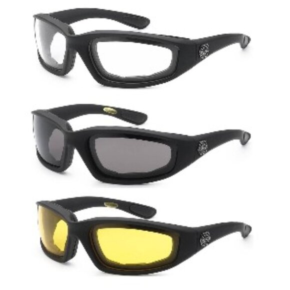 3 Pairs of Choppers Glasses Padded Frame Clear Yellow Smoke Lense Block 100% UVB - Picture 1 of 1